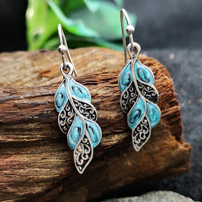 

Boho Ethnic Peacock Feather Drop Earrings Tribal Zircon Carved Metal Blue Painting Epoxy Small Dangle Earring Women Blue