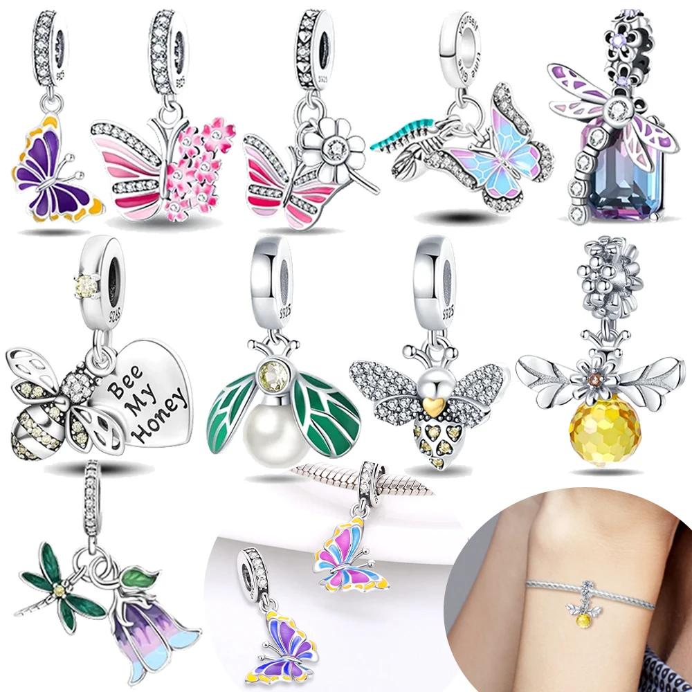 Copper Authentic Charm Bead Charms Pink Butterfly Flowers Yellow Zircon Fireflies Bees Bead Charms Compatible With Bracelets Women Jewellery Making Di