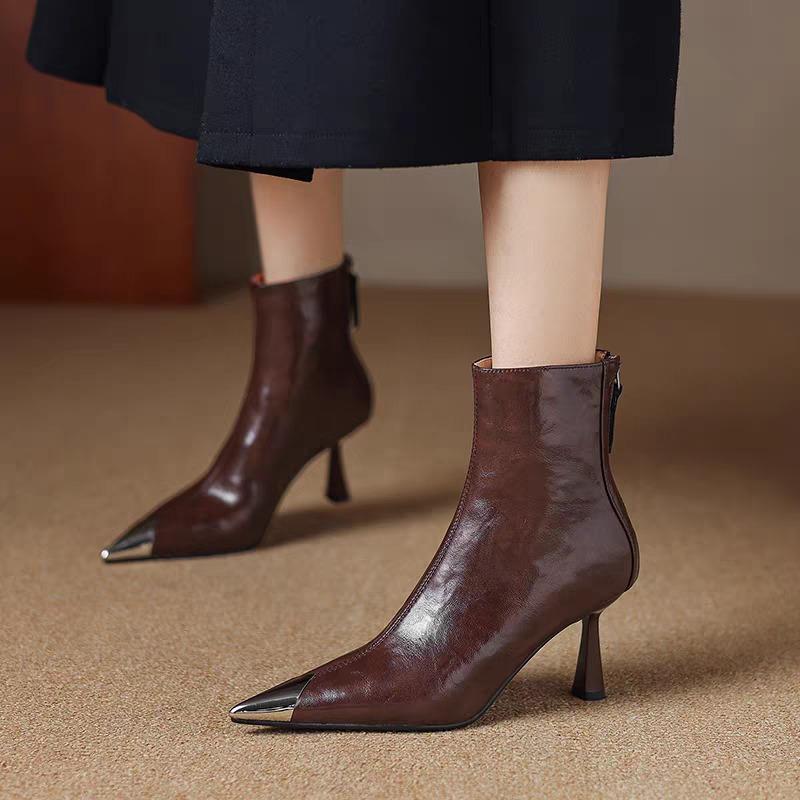 French Retro Western Booties Women's Single Boots Metal Toe Pointed Toe Stiletto Heel Versatile Skinny Fashion