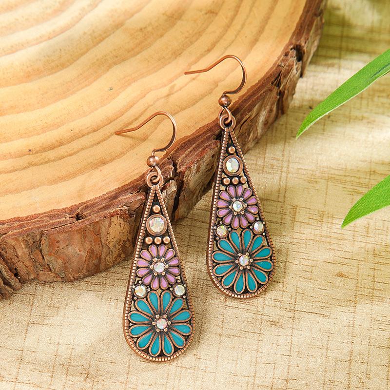 Fashion Ethnic Boho Enamel Flower Long Drop Dangle Earrings For Women Rhinestone Geometric Waterdrop Vintage Wedding Zircon