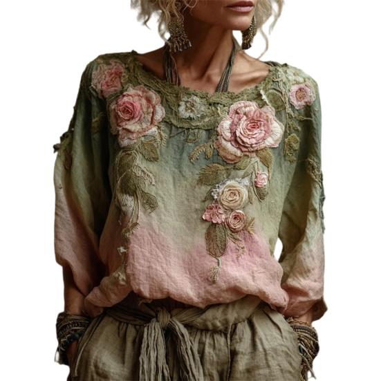 Damen Pullover Rundhals Langarm Lockerer Schnitt Pullover 3D Blumenmuster