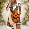 Women Criss Cross V Neck Long Sleeve Fitted Curved Hem Cartoon Bear Pumpkin Printed Dress