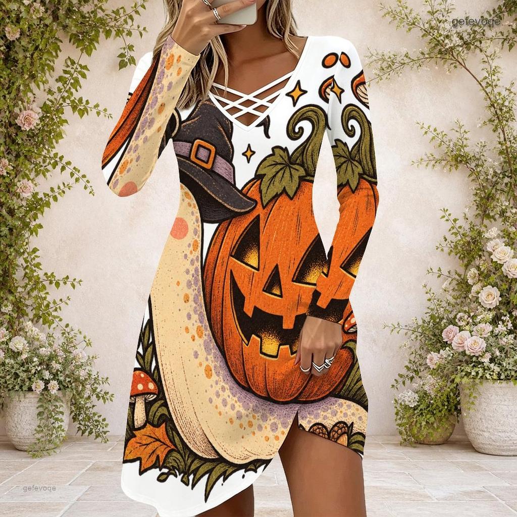 Women Criss Cross V Neck Long Sleeve Fitted Curved Hem Cartoon Bear Pumpkin Printed Dress
