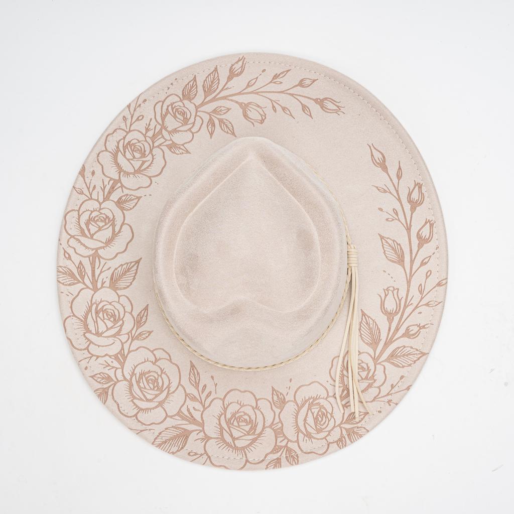 Source laser engraved suede top hat, rose pattern engraved woven fringed western cowboy hat