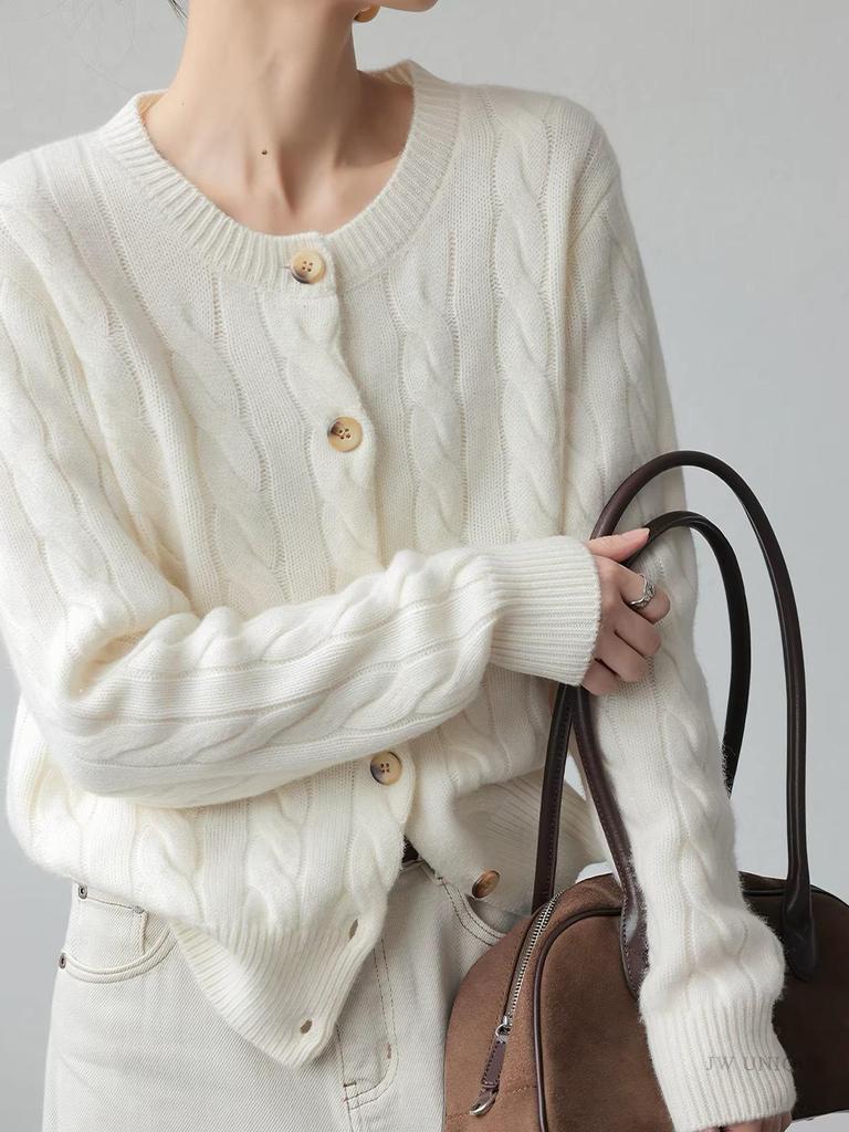 Autumn 2026 Women's Round Neck Cable Knit Cardigan - Long Sleeve, Single-Breasted Sweater.