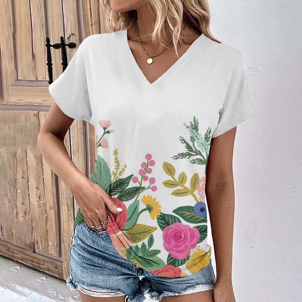 vintage women floral print t shirt short sleeve v neck tops comfortable t-shirts