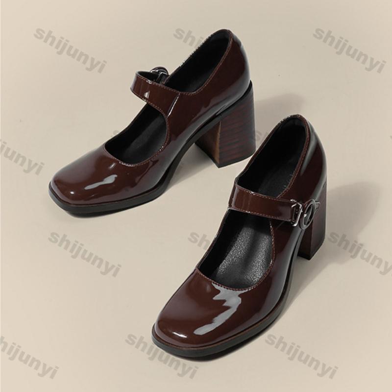 Woman Marie Janes Shoes Women British Style Black Chunky Heel Square Toe Single Shoe New Design Buckle Dress Shoes Elegant Pumps