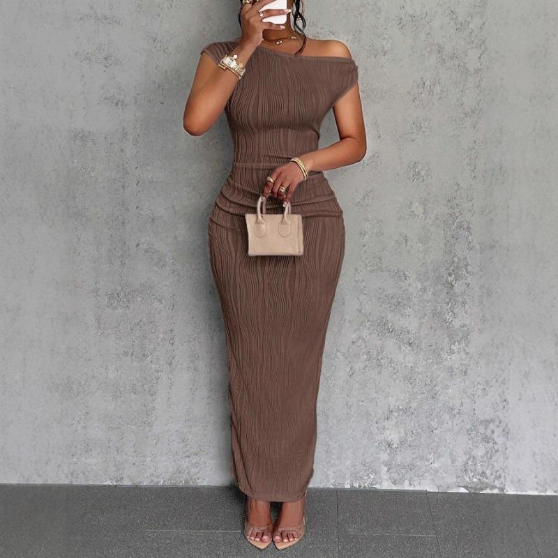 Damen Sommer Schwarz Asymmetrischer Ausschnitt Raffung an der Taille Bodycon Maxikleid