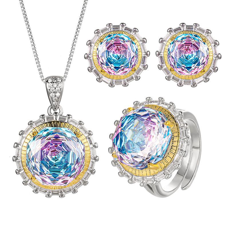 Jewelry Copper Bottom Gold Plating Simulation Millennium Gradual Change Color Round Set Main Stone 14-10Mm