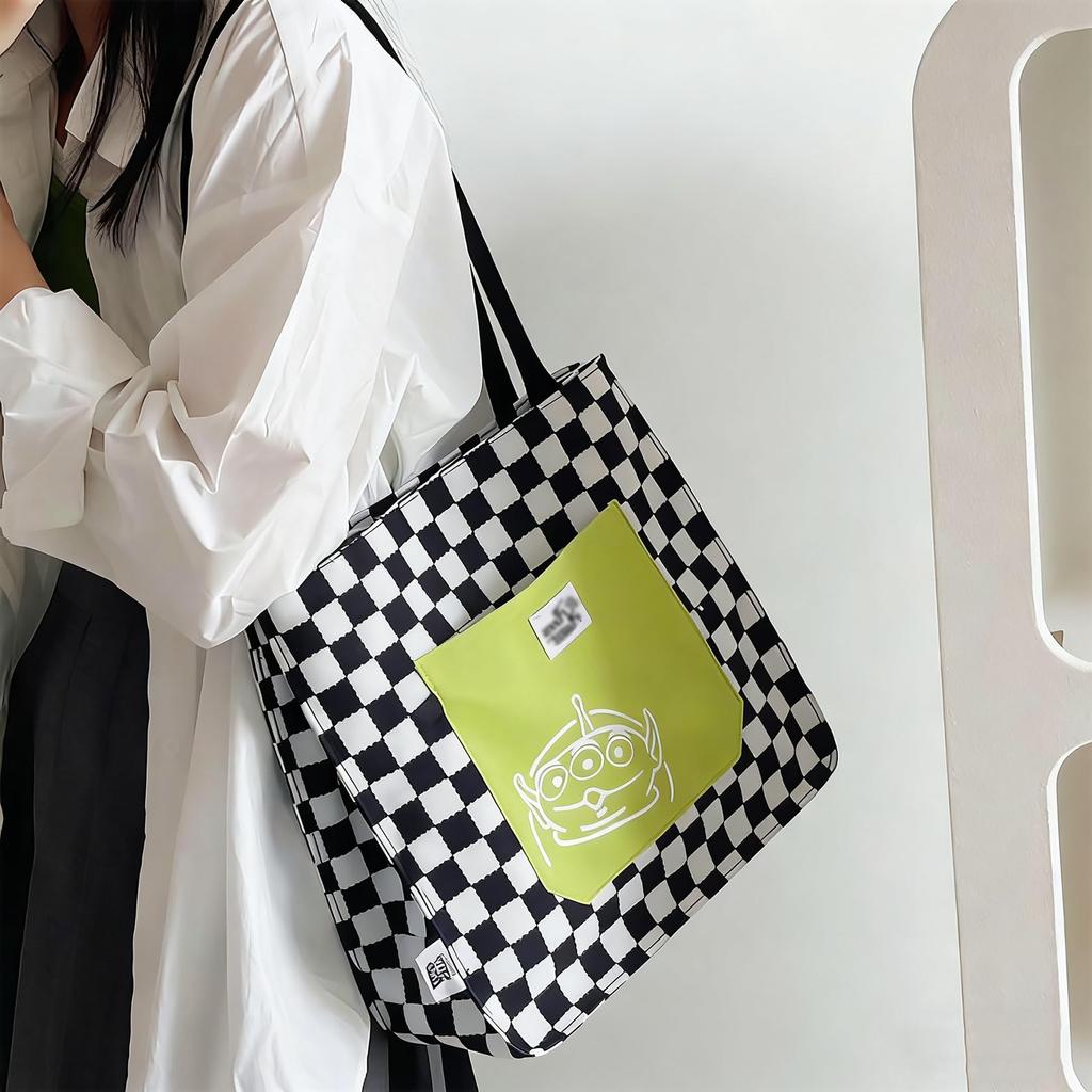 [hgTUP] Little Green Men Tote Bag, Canvas Tote Bag, Large Capacity, Alien Shoulder Bag, Canvas Tote Bag with Zipper and Interior Pocket, Eco Bag, Meet