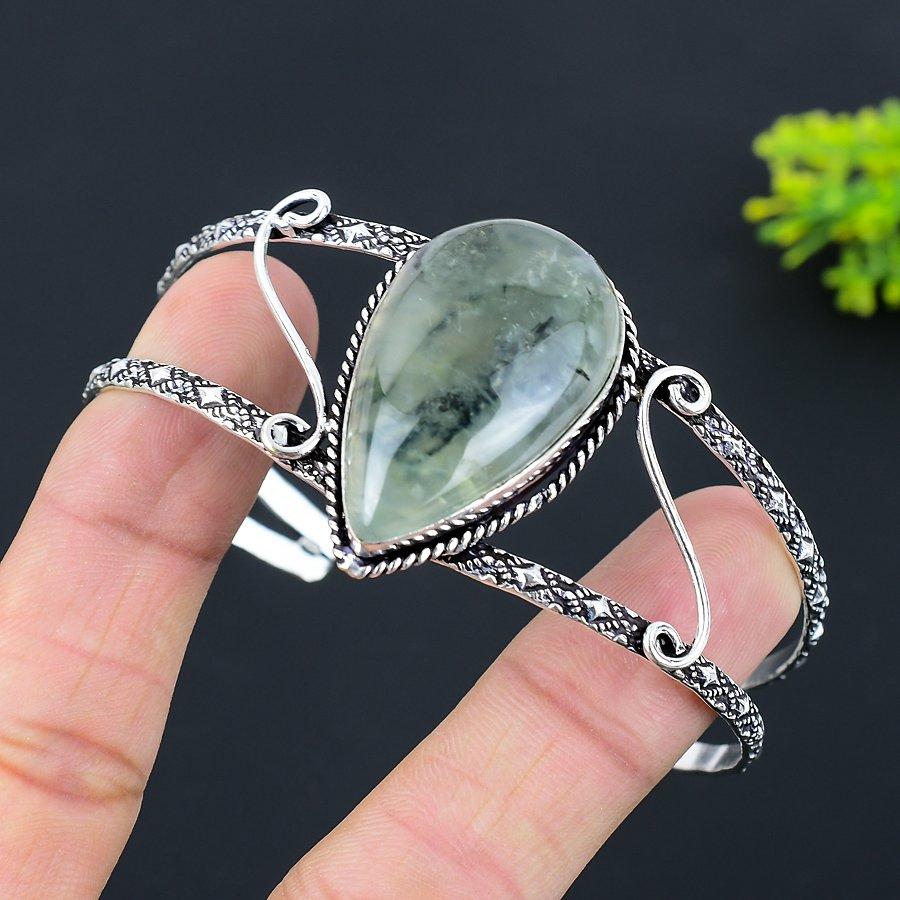 Natural Prehnite Gemstone 925 Sterling Silver Cuff Bangle Adjustable I6U93
