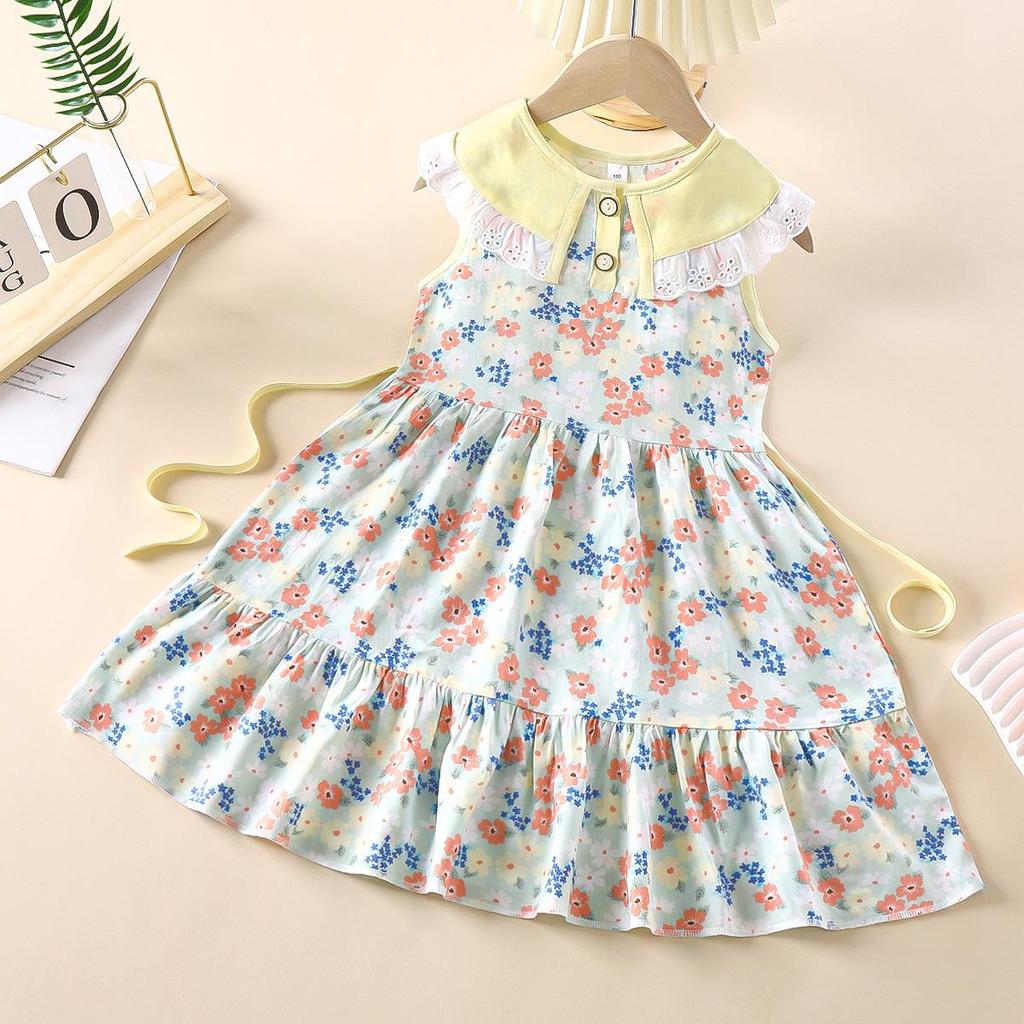 Summer Girls' Sleeveless Floral Princess Dress - Cotton Silk Blend for Outdoor Wear