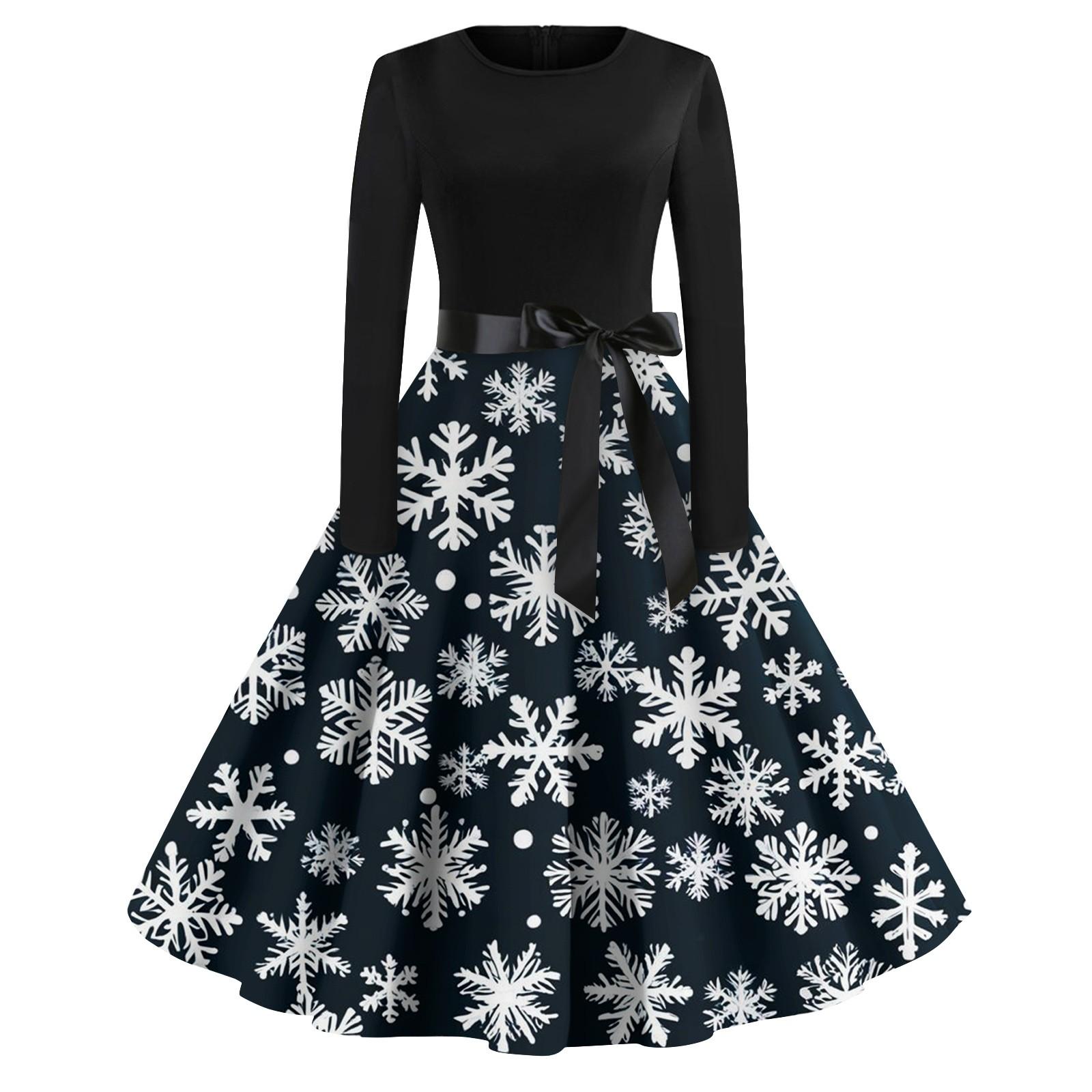 

Жіночі модні вінтажні вечірні сукні з довгим рукавом і круглим вирізом з різдвяним принтом Сукні XL