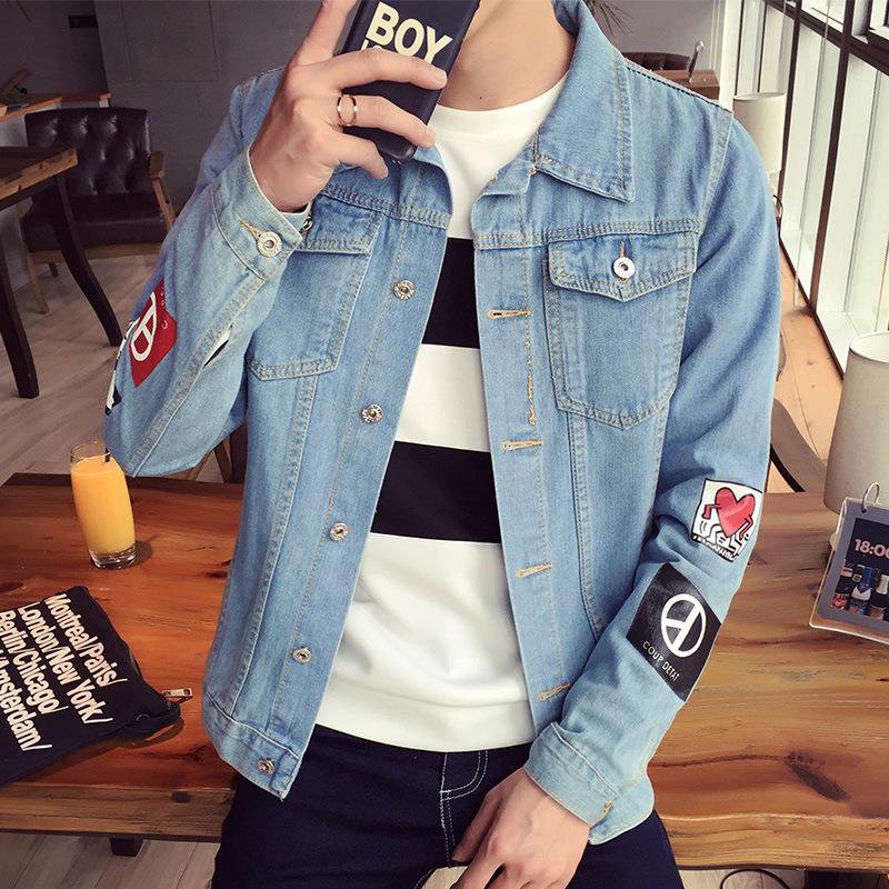 

Square Neck Printed Letter Denim Jacket - Men s Clothing 5XL світло-синій колір