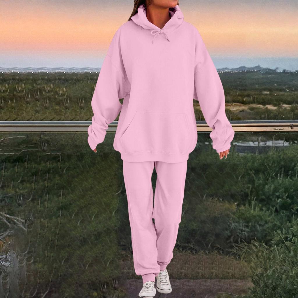 Women's Fashion Casual Solid Color Loose Hooded Sweatshirt Suit