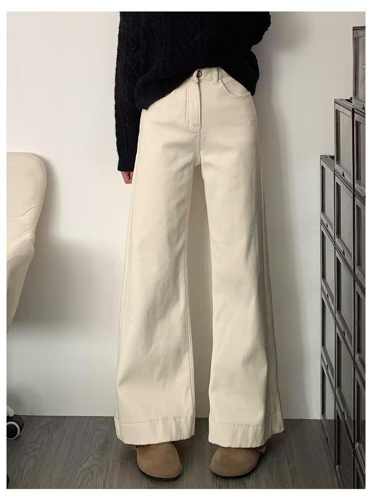 Women's High Waist Wide Leg Straight Jeans Non Stretch Dark Denim Trousers Vintage Washed Warm Fleece Lined Casual Japanese Korean Style Fall Bottoms