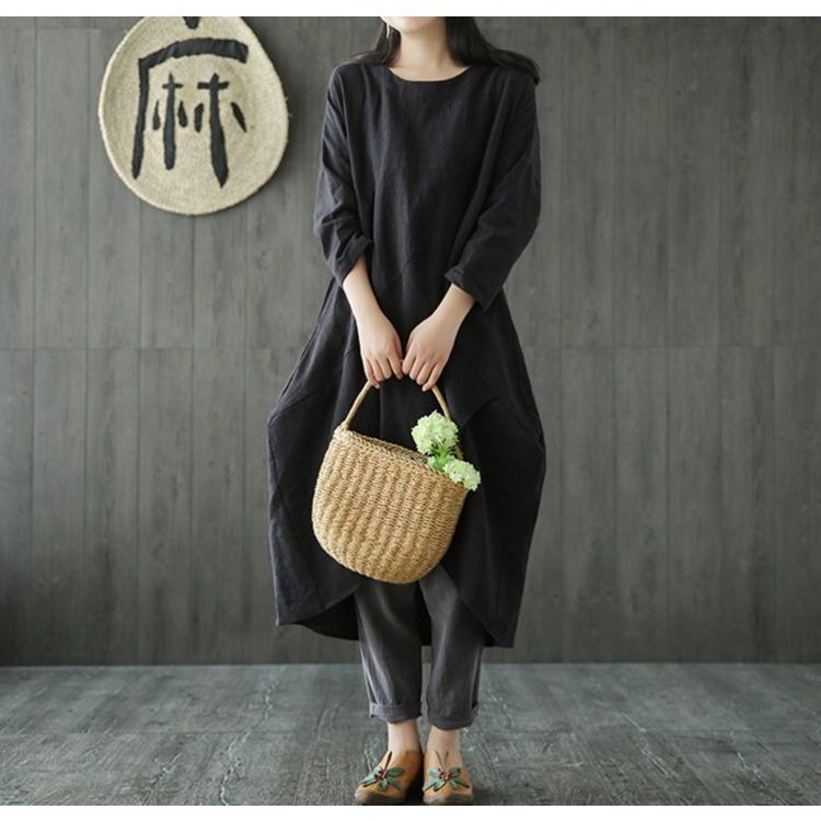 Übergröße Frühling Ethnisch Stil Raglanärmel Baumwolle Leinen Kleid Locker Schlank Eleganter Stil Bequem Leicht Hohe Wiedererkennung