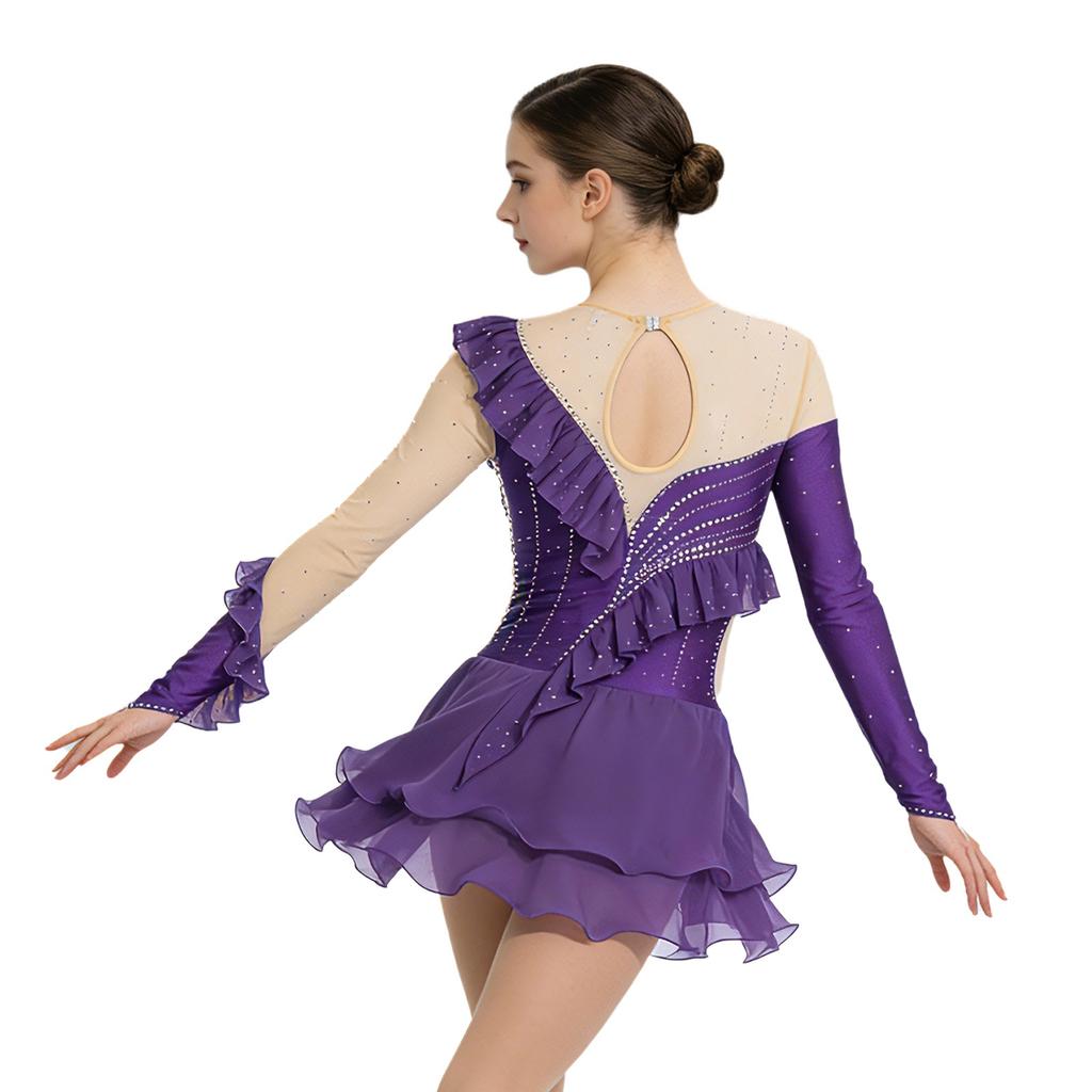 Womens Figure Skating Leotard Dress Ruffled Trim Rhinestones Tiered Chiffon Hem Skirt