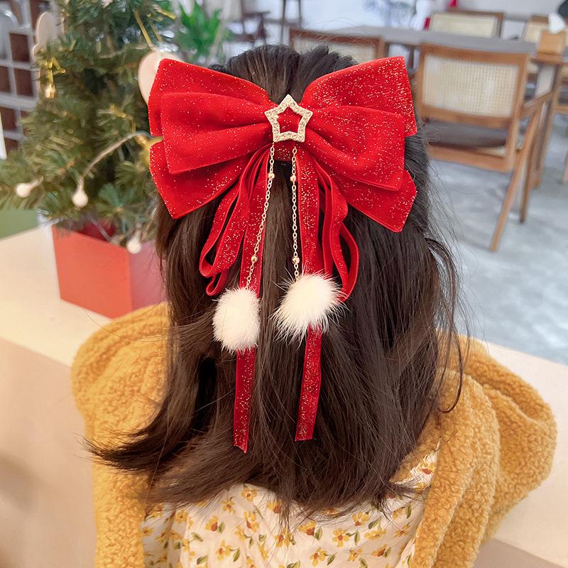 2025 Chinesisches Neujahr Samtschleife Haarspange - Rotes Festliches Haaraccessoire