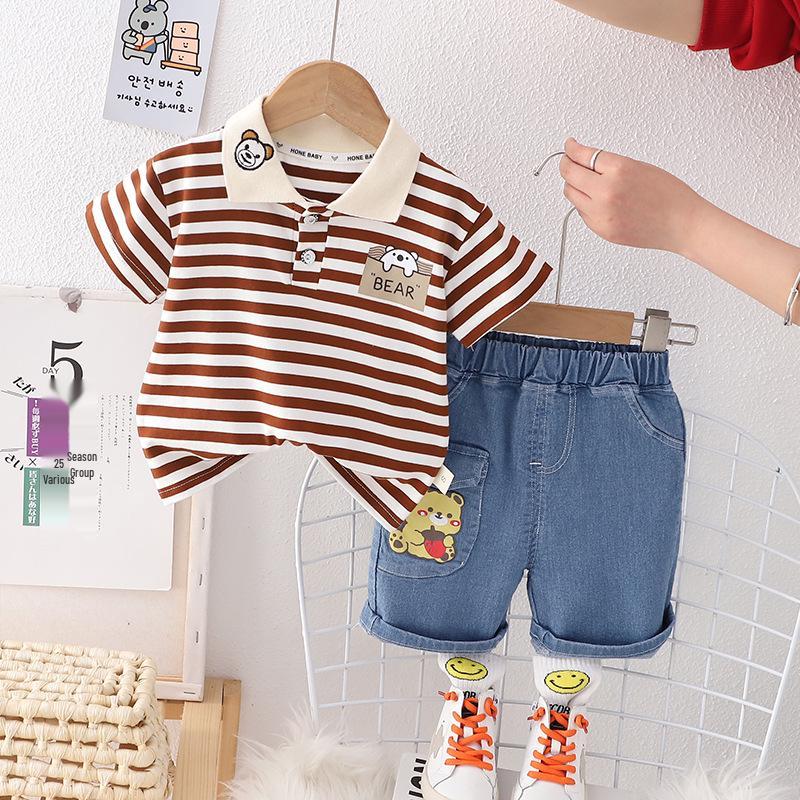 

2023 Summer Kids Korean POLO Shorts Set: Boys Trendy Two-Piece Outfit with Short-Sleeved Top. 120cm