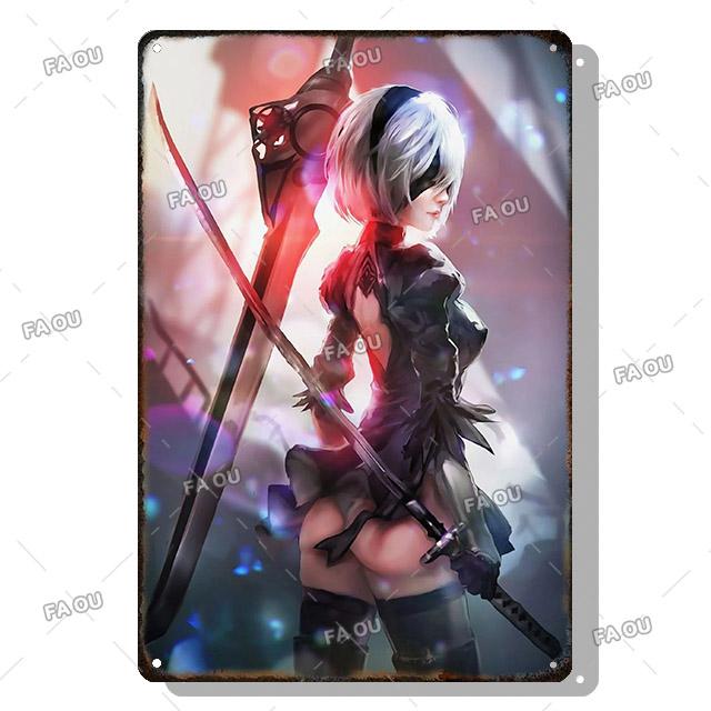 Sexy Anime Girl Metal Plate Game Figure Vintage Tin Sign Bar Club Art Decorative Plaques for Modern Home Room Wall Decor Poster