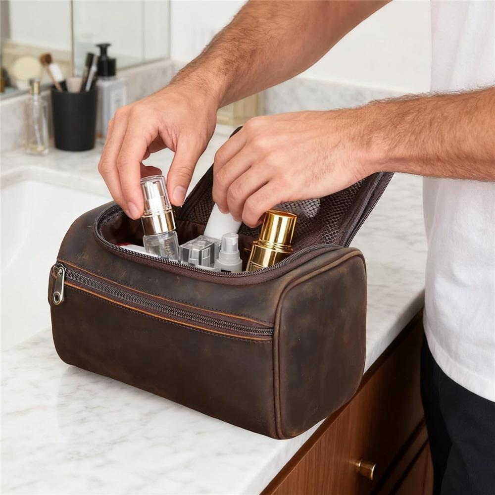 Men's Leather Hanging Toiletry Bag, Travel Shaving Kit, Portable Cosmetics Storage Bag, Toiletry Case