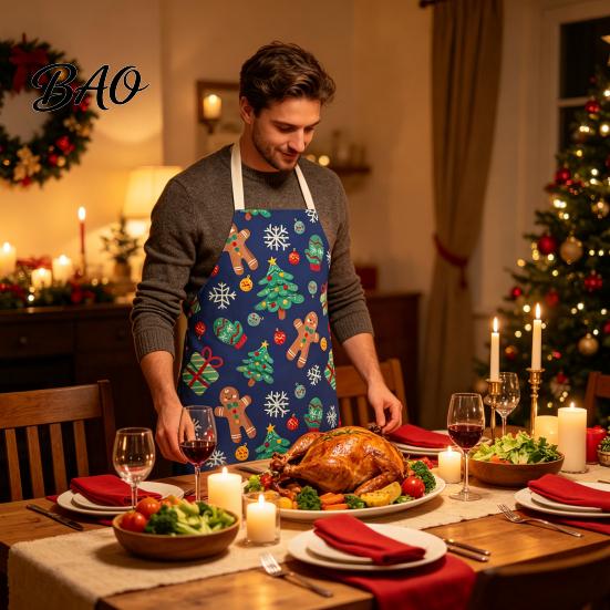 Adult Adjustable Holiday Apron Christmas Apron, Santa Claus/Elk/Gingerbread Man/Snowman Print Cooking Bib, Waterproof Oil Proof Grill Non-woven