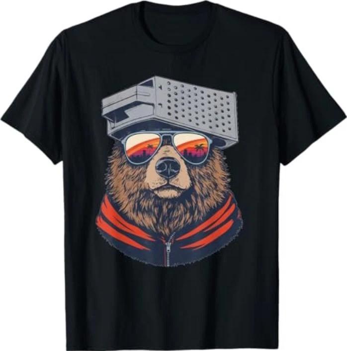 Retro Bear with Cheese Grater Hat and Sunglasses Sunset Art T-Shirt L