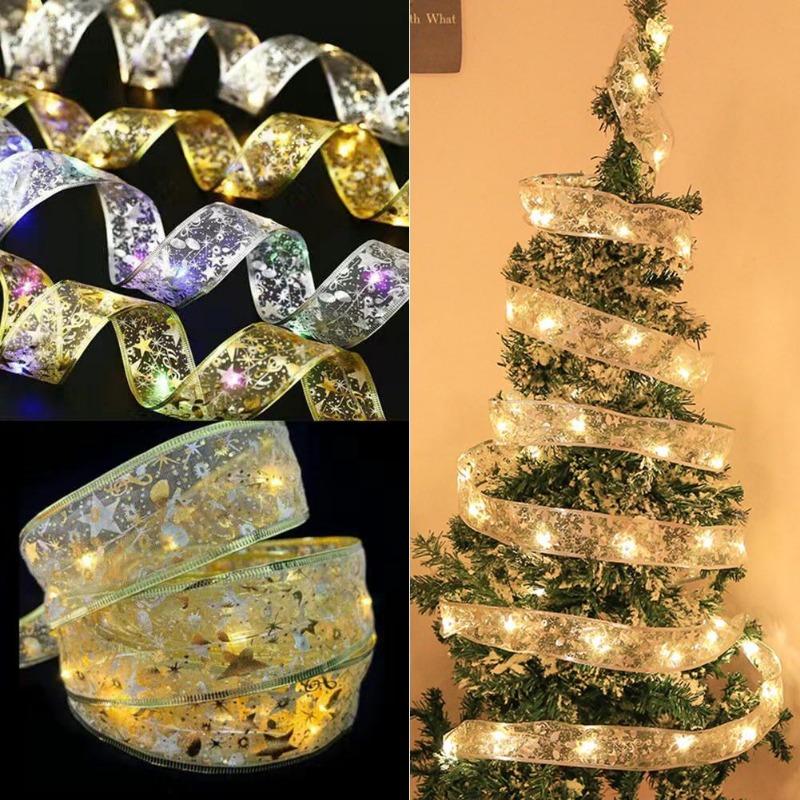1/3/5M Christmas Tree Decoration Ribbon Lights DIY Bronzing Lace Ribbon String Lights For New Year Xmas Party Home Decolation
