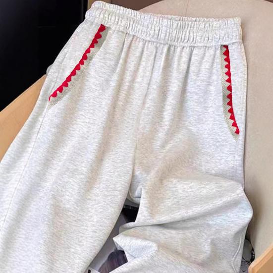 Women Pants Elastic High Waist Pure Color Long Trousers with Pockets Red Zigzag Embroidery Contrast Color Leisure Sport Pants