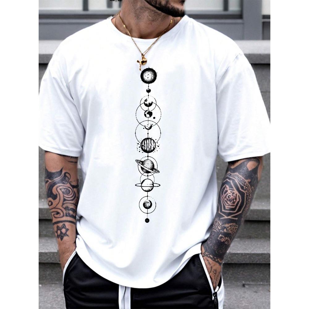 Men's summer 100 cotton fashionable casual sports loose space planet pattern printed round neck short sleeved T-shirt top