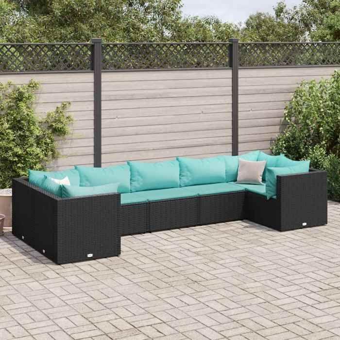 VidaXL Salon de jardin 7 pcs avec coussins Noir Résine tressée, ensemble de canapés d'extérieur, canapé d'angle de jardin, 3308260