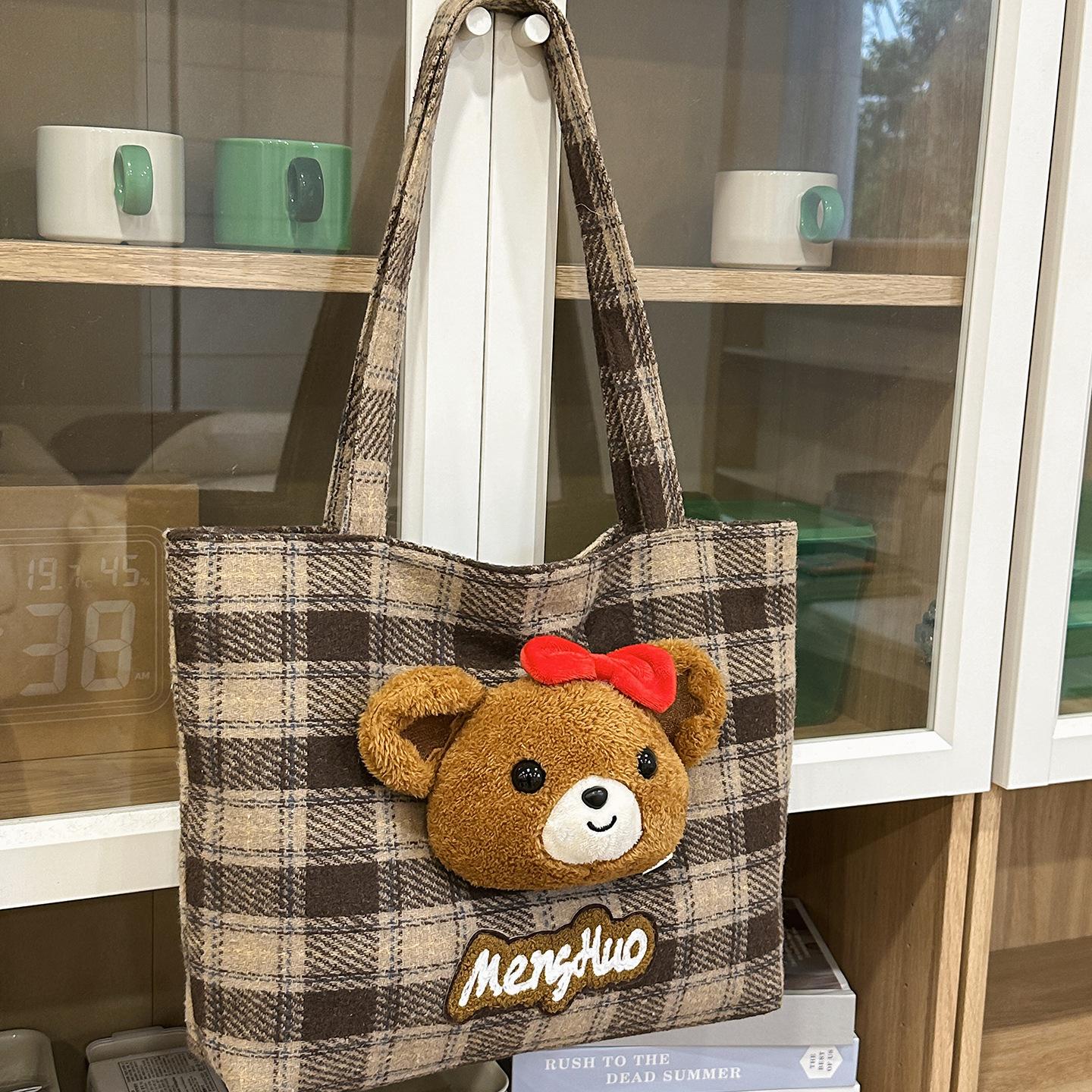 

New Women Simple Shoulder Bag Cute Bear Print Large Capacity Tote Bag Retro Plaid for Commute Casual and Versatile Storage Bags