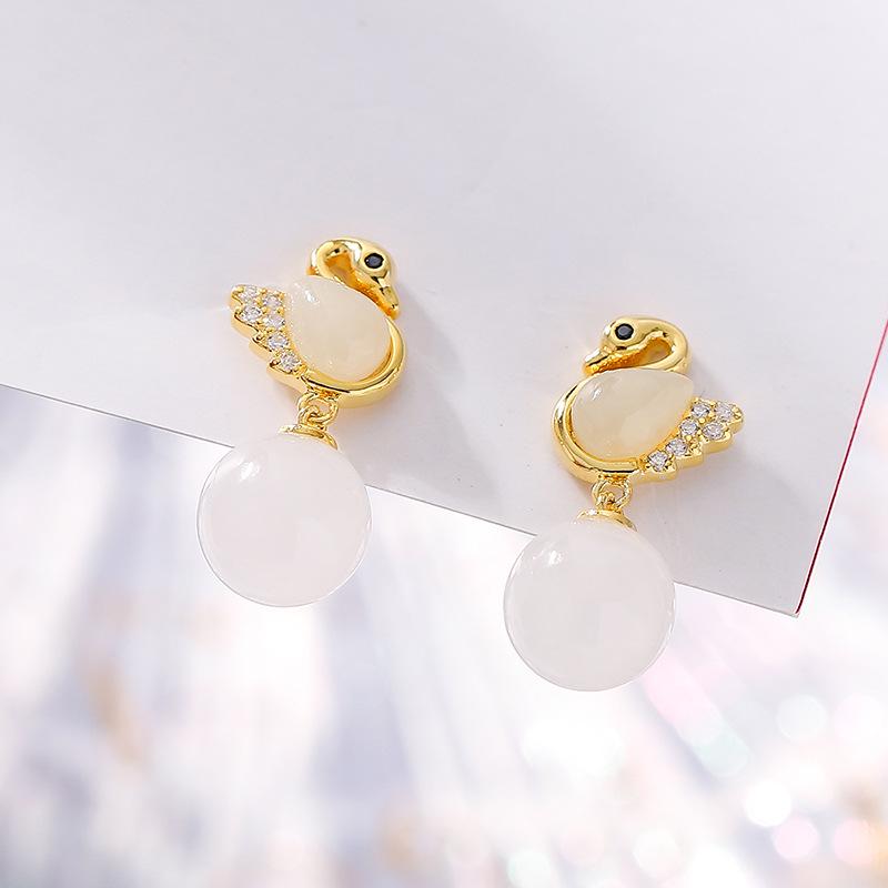 

Sterling Silver Swan Earrings with Inlaid Diamond and Hetian Jade 925 Silver золотой