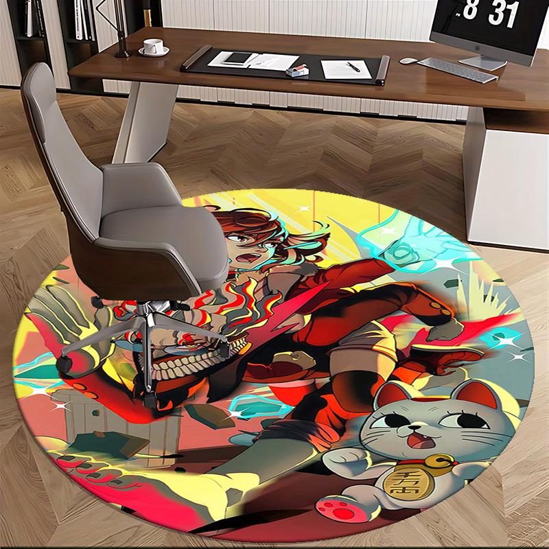 1pc Anime Cat with Skull Headphones Round Carpet - Office Chair Mat, Non-Slip Rug for Home Decor, Living Room