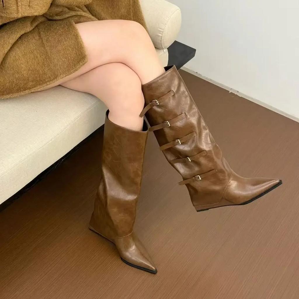 Hot Selling 2025 Metal Decor Wedge Heel Knee High Boots Women Autumn Fashion Pants Boots Woman Wide Leg Leather Long Botas Mujer