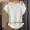 Women's Summer Slimming Pleated V-Neck Cropped T-Shirt, Pure Cotton, Short-Sleeved, Trendy 2026.