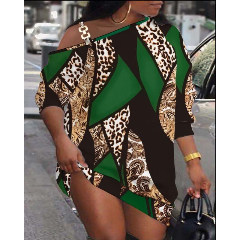 YYFS Women's Fashion Summer Spring Leopard Print Short Sleeve Oblique Collar Loose Waistline Casual Dresses