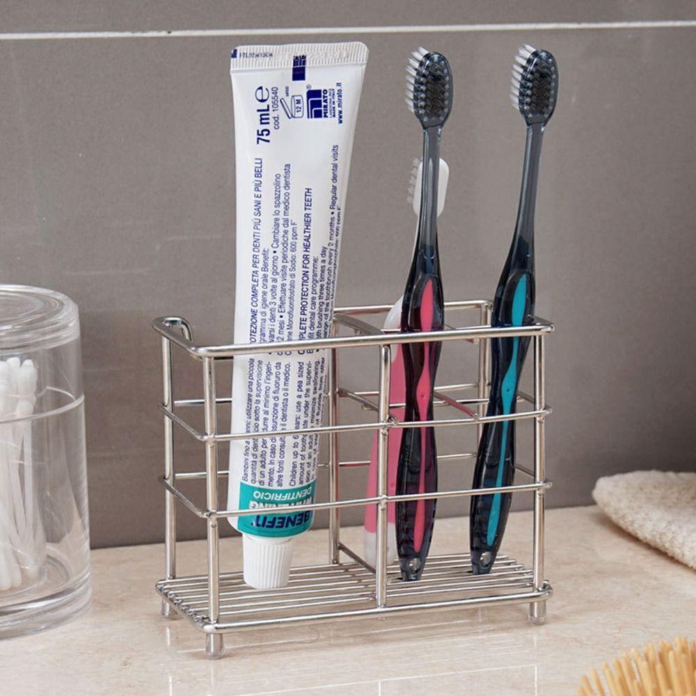 Stable Stainless Steel Toothbrush Holder Black/Silver Bathroom Countertop Storage Rack  Countertops