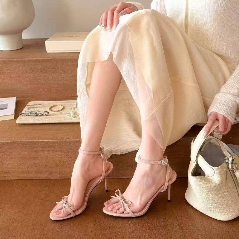 Fashion Temperament Bow Stiletto High Heels Women's Summer Round Toe Open Toe Sweet One Strap Anti-slip Wear-resistant Sandals