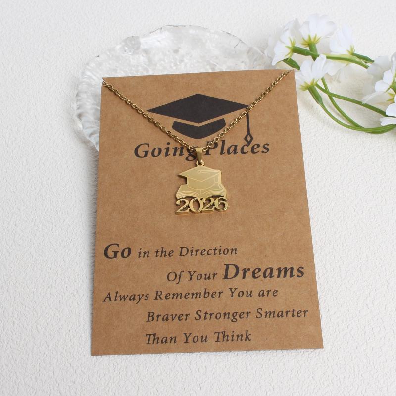 Stainless Steel Matte Golden Mortarboard Featuring Number 2026 Pendant Necklace Women Graduation Memorial Jewelry Gifts
