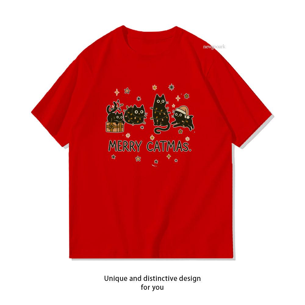 Merry Catmas Cute Black Cats Christmas TShirt woman man Casual cotton graphic t shirts Creative streetwear Classic Oneck shirt S