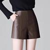 Women's Black PU Leather High-Waist A-line Shorts - 2026 Autumn Winter Collection: Petite, Slimming, Wide-Leg Bootcut Style