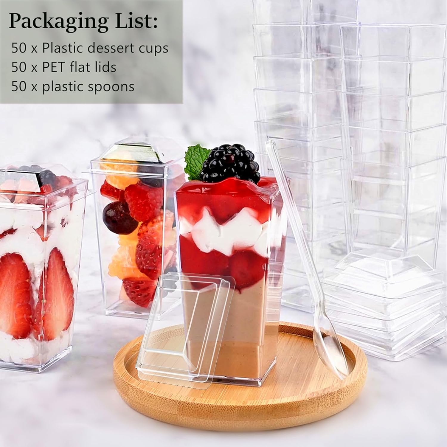 TOFLEN 50 Pack 3 oz Square Mini Dessert Cups with Lids and Spoons Clear Plastic Dessert Shooter Cups for for Party, Yogurt, Parfait, Cheesecake,