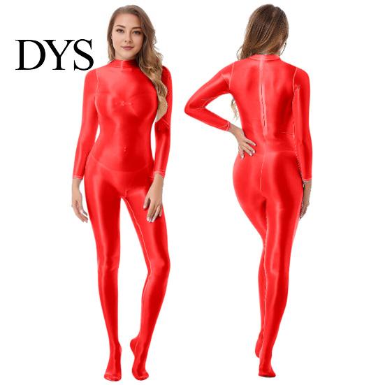 Supportive Bodysuit Lady Glossy Bodystocking Stretchy Sexy Full Long Sleeve Jumpsuit with Zipper Shiny Smooth Leotard Catsuit for Dance Practice Club