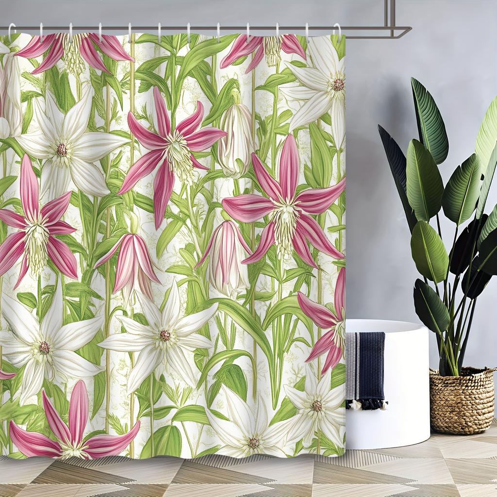 1pc modern floral and green leaf print shower curtain, polyester fabric, machine washable, suitable for bathroom decoration