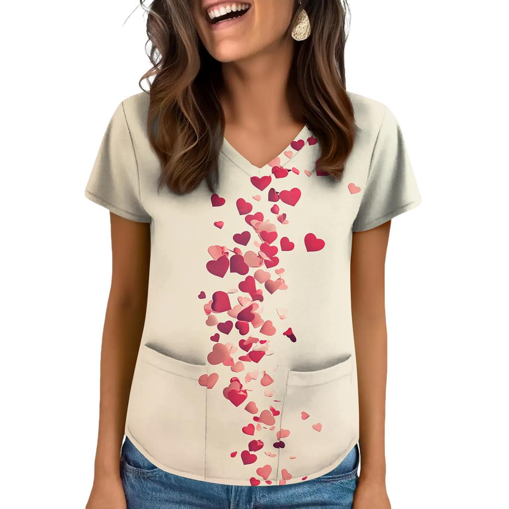 Women's V-neck Valentine's Day Printed Short-sleeved Top With Pockets And Side Slits, Suitable For Caregivers.