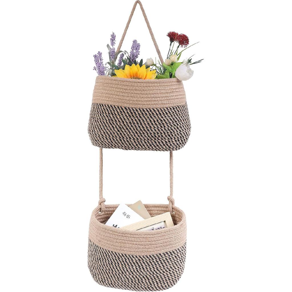 Over The Door Hanging Basket, 2 Tier Cotton Rope Woven Wall Basket, Magazine Racks Hanging Organizer, Decorative Hanging Storage Baskets for