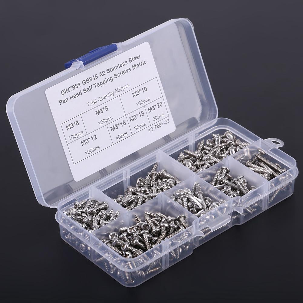 Sada samořezných šroubů s křížovým pohonem M3 500PCS Sortiment Nerezová ocel 304