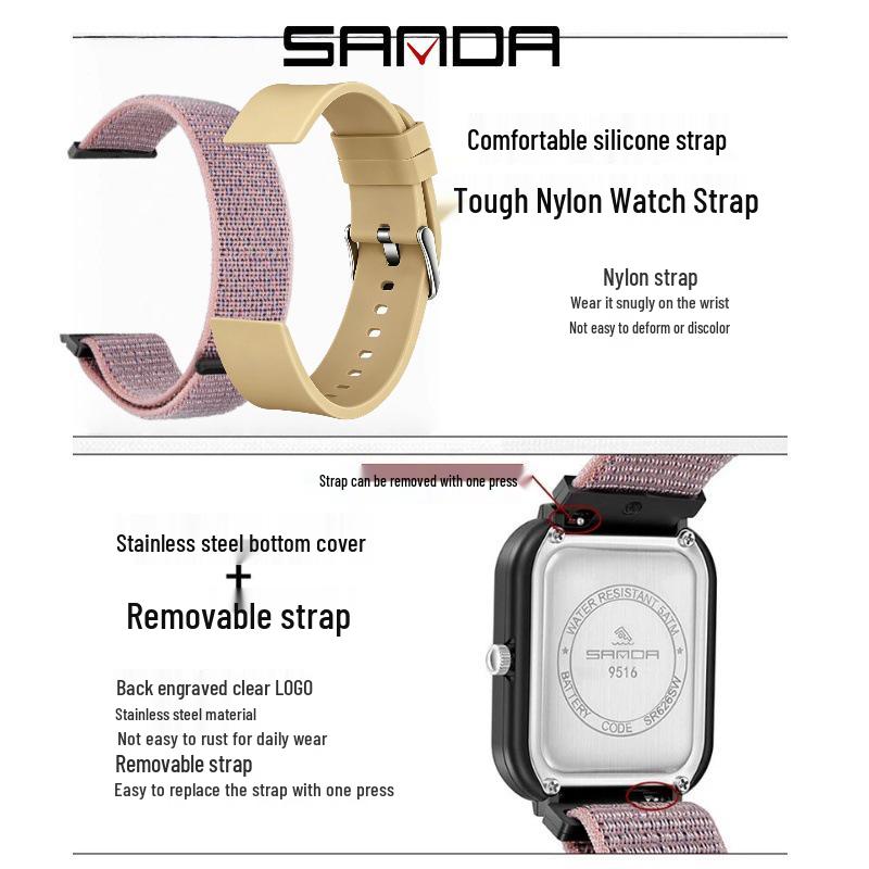 SANDA 50M Waterproof Square Quartz Watch with Quick Release Strap for Students and Civil Servants.